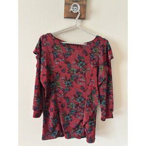 Free People Womens Size Small Red Floral Ruffle Sleeve Knit Top 3/4 Sleeve